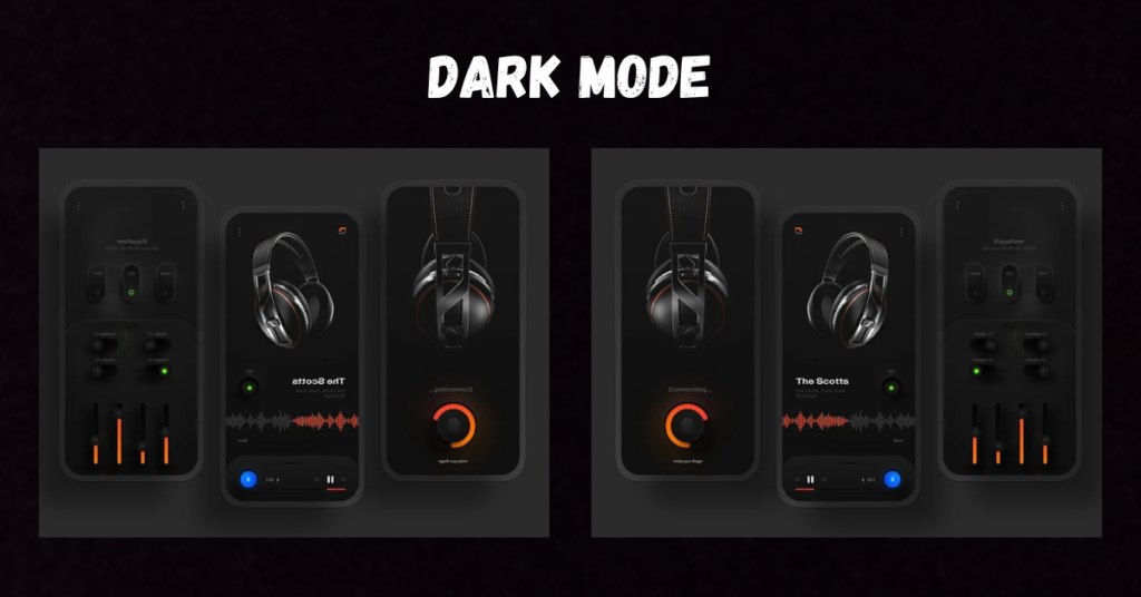 Example of a mobile app interface implementing dark mode, showing the contrast and user-friendly design